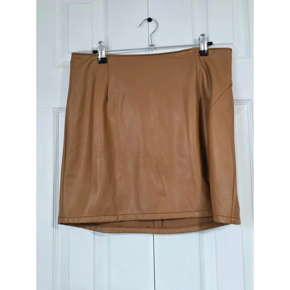 Rewash‎ Camel Tan Vegan Faux Leather Mini Skirt Size L J19040CM3 Brown Edgy Chic